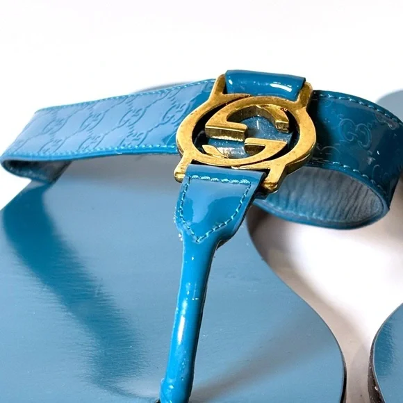 Gucci Blue Patent Leather GG Logo Sandals – Made in Italy size 36.5 - Picture 2 of 7